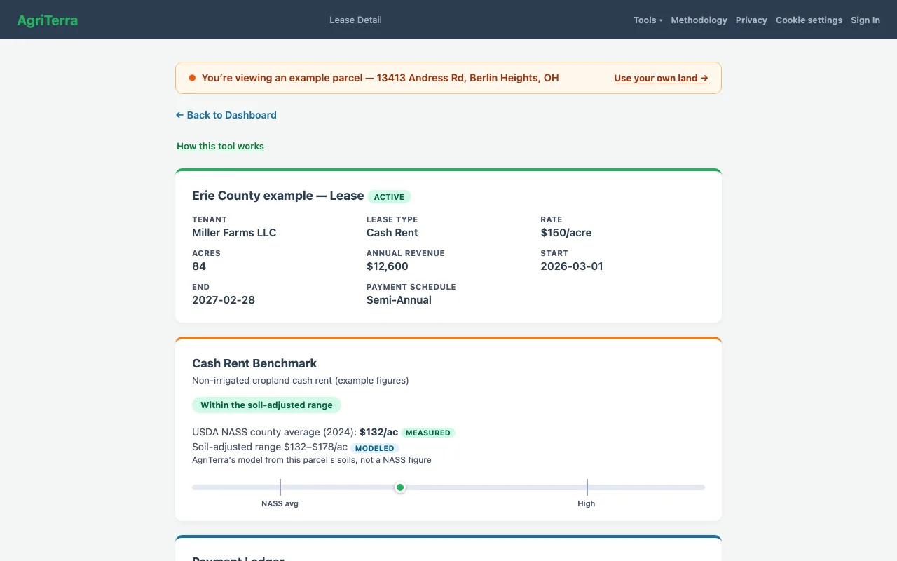 Screenshot of the AgriTerra Lease Manager tool with a parcel loaded