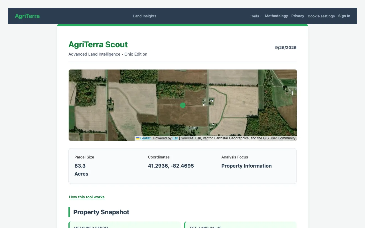 Screenshot of the AgriTerra Insights tool with a parcel loaded